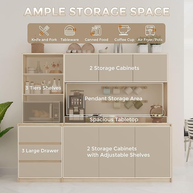 Large Kitchen Hutch Cabinet with Microwave Stand, Storage Cupboard Pantry with 3-Tier External Shelves and 3 Drawers, Ktichen Food Pantry with Open Countertop for Dining Room, White + Walnut