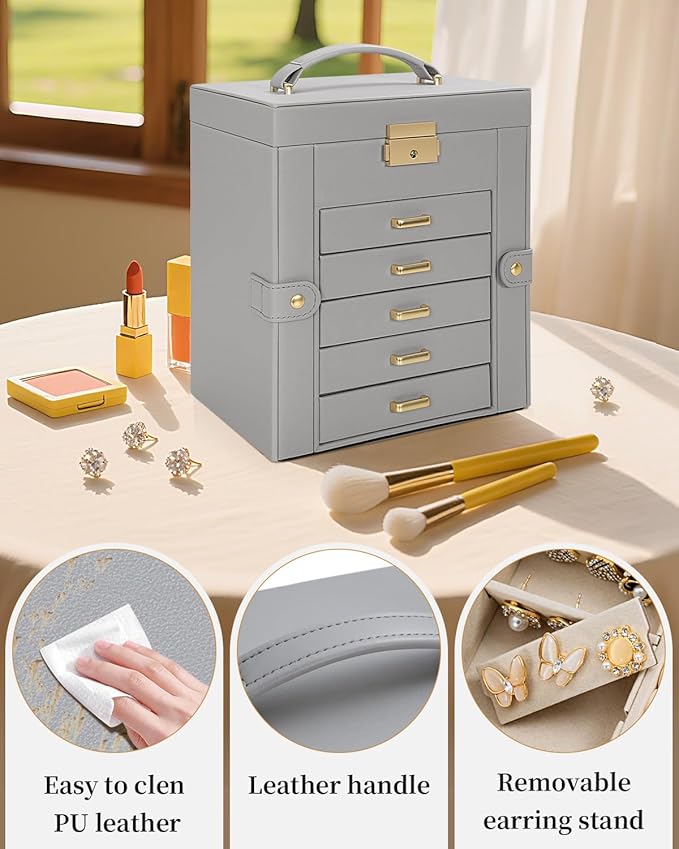 TORIBIO Large Jewelry Box for Women, Leather Jewelry Organizer with Mirror & Lock, 6-Tier Jewelry Storage Case for Girls/Women/Mothers, Necklace Earring Bracelets Holder Organizer