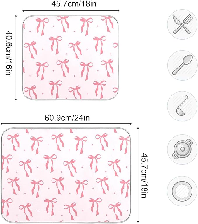 Pink Bow Bowknot Dish Drying Mat for Kitchen Countertop 16x18 Rectangle Small Drying Mat Reusable Quick Dry Dish Sink Absorbent Mats Dishwasher Easy Clean Decorative Home Decor Essentials