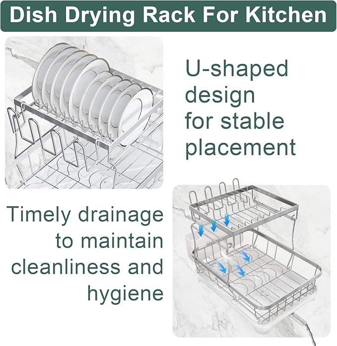 LIYI Dish Drying Rack,Large Dish Rack for Kitchen Counter,2-Tier Dish Racks with draining Tray,Detachable Capacity Dish Drainer Organizer,White