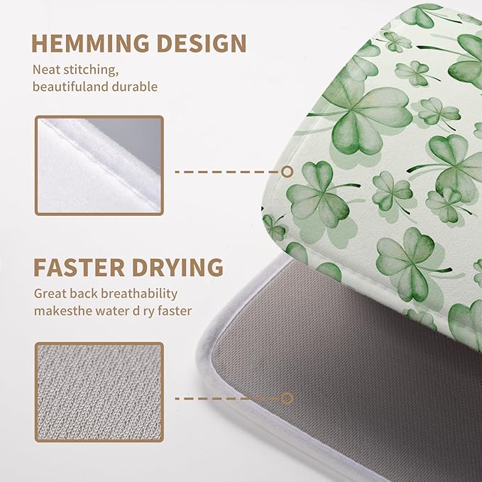St Patrick's Day Clover Dish Drying Mat for Kitchen Counter Green Lucky Shamrock Microfiber Dish Drainer Mat St. Patrick's Day Absorbent Reversible Drying Pad Spring Sage Leaf Dish Rack Mat 16x18 In