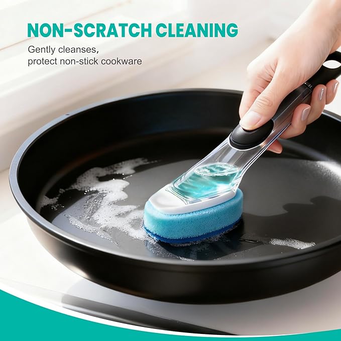 HELIME Dishwand Refills, Non-Scratch Replacement Sponge Heads for Dish Wand, Leak-Proof Handle with Heavy-Duty Scrubbers, Universal Compatible Soap Dispensing Brush for Kitchen, Bathroom Cleaning