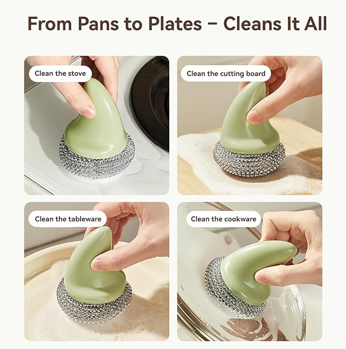 JESFORMYA Steel Wool Scrubber with Handle, 3 Refill Pads – Heavy Duty Cleaner for Dishes, Cast Iron, Pots, Pans & Grills（Green）