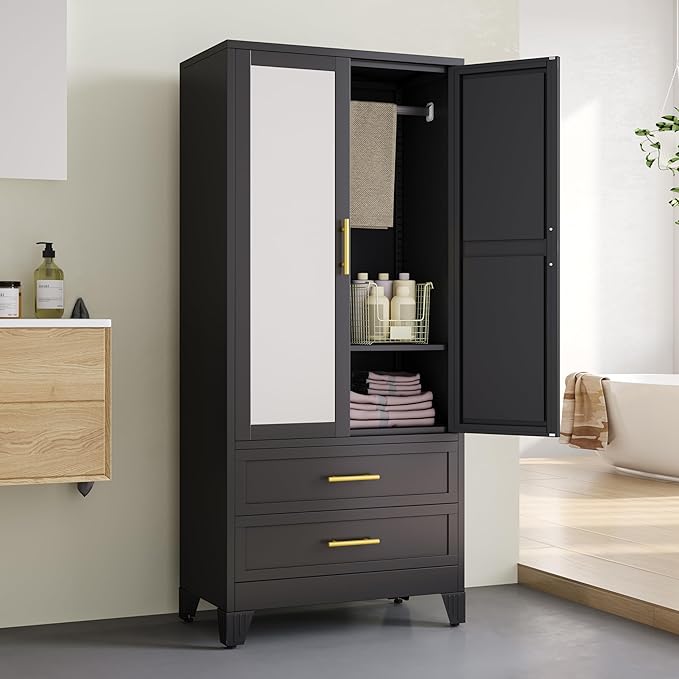 Metal Armoire Wardrobe Closet, 71 "Metal Clothing Storage Cabinet with Mirror and Adjustable Shelves, Household Steel Wardrobe Storage Cabinet with 2 Drawers and Hanging Rod(Armoire-Black)