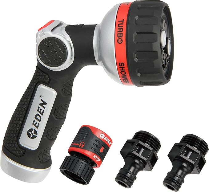 Eden 94814 Metal Thumb Control Heavy Duty Garden Hose Nozzle, Water Sprayer Nozzle with 6 Adjustable Watering Patterns, W/Quick Connect Starter Set for Plants, Lawn, Garden