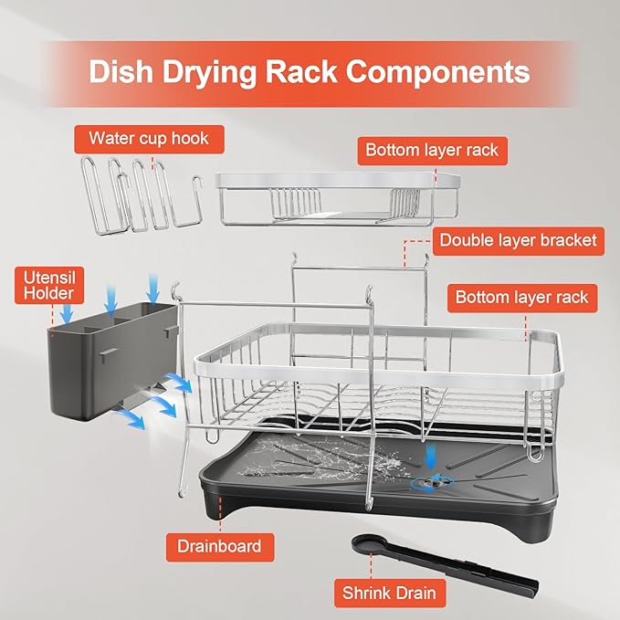 HOMEAILIE 2-Tier Dish Drying Rack for Kitchen Counter, 304 Stainless Steel with Adjustable Drainboard, Removable Utensil Holder & Water Filter Tray, Black