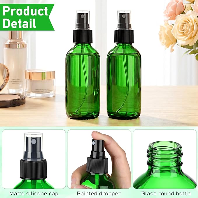 Nuogo 50 Pieces Mini Glass Spray Bottles Bulk 4 Oz Fine Mist Bottles with Funnel Dropper and Cleaning Brush Refillable for Essential Oils, Perfumes and Aromatherapy(Green)