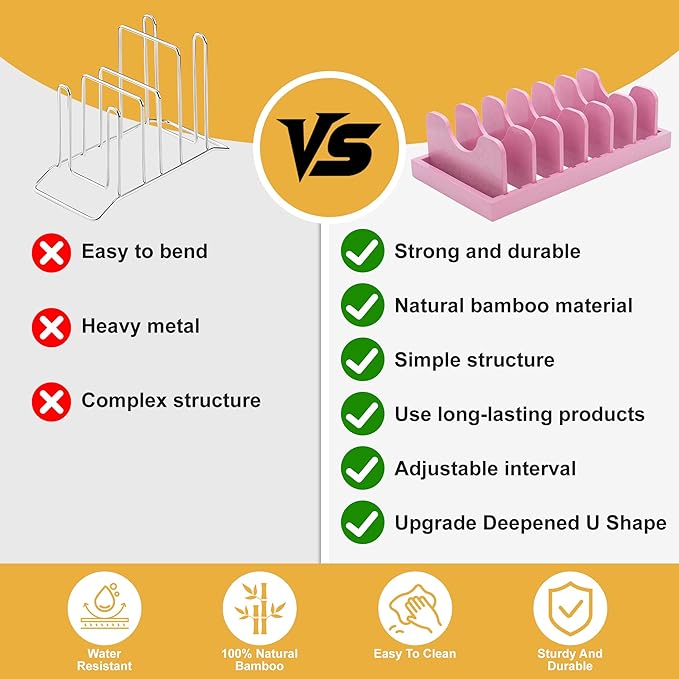 MinBoo Bamboo Pot Lid Organizer Pot Lid Holder, Pot and Pan Organizer Drawer Organizer for Pot Lids, Pans, Dinner Plates, Reusable Containers in Cabinet Storage,Pink