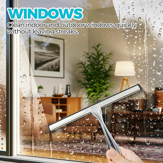 ALFLOD 10-Inch All-Purpose Shower Squeegee for Shower Doors, Tile Shower Walls, Bathroom, Window, Glass and Car Windshield, Mirrors and Kitchen-Stainless Steel, Silver