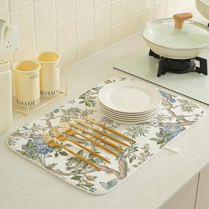 Blue Green Dish Drying Mat 18x24 Inch Chinoiserie Vintage Floral Bird Drying Mat Spring Summer Flower Seasonal Absorbent Dish Drying Pad Dish Rack Drainer Mats for Kitchen Dining Counter