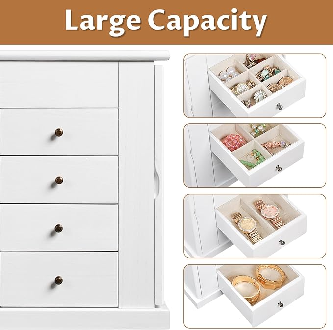Emfogo Jewelry Box for Women, 5 Layer Large Wood Jewelry Boxes & Organizers for Necklaces Earrings Rings Bracelets, Rustic Jewelry Organizer Box with Drawers and Mirror (Vintage White)