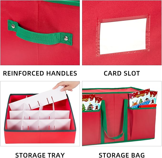 JY COOKMENT Christmas Ornament Storage Box with Adjustable Dividers and Side Pockets, Large Ornaments Storage Container Bin with Zippered Top for Xmas Decorations (128-3" Balls, Red, With Tray)