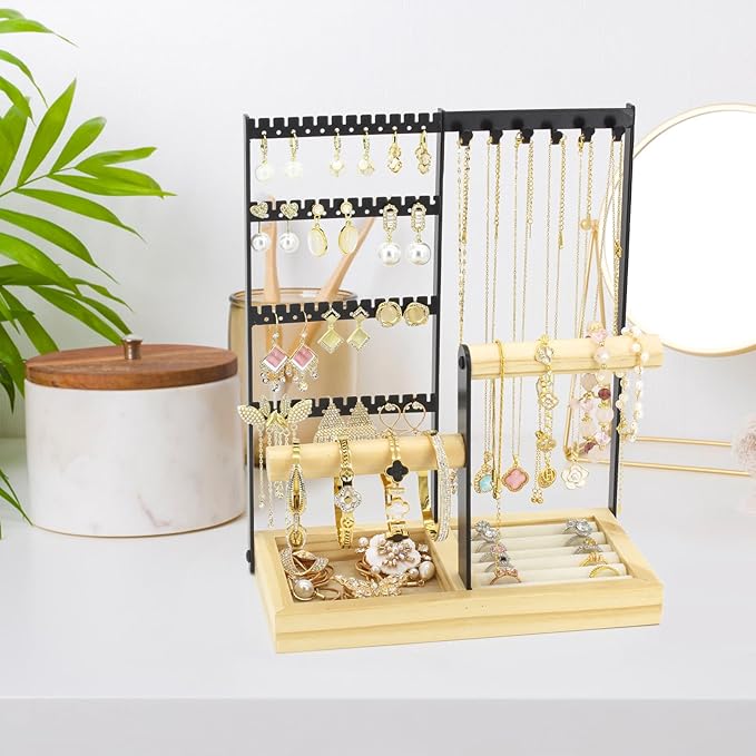 JONKASIPA Jewelry Holder Organizer Jewelry Stand, 4-Tier Necklace Stand Earring Holder with Wooden Tray, Jewelry Rack for Bracelets Watches and Rings Display Stand, Gifts for Women & Girls-Black