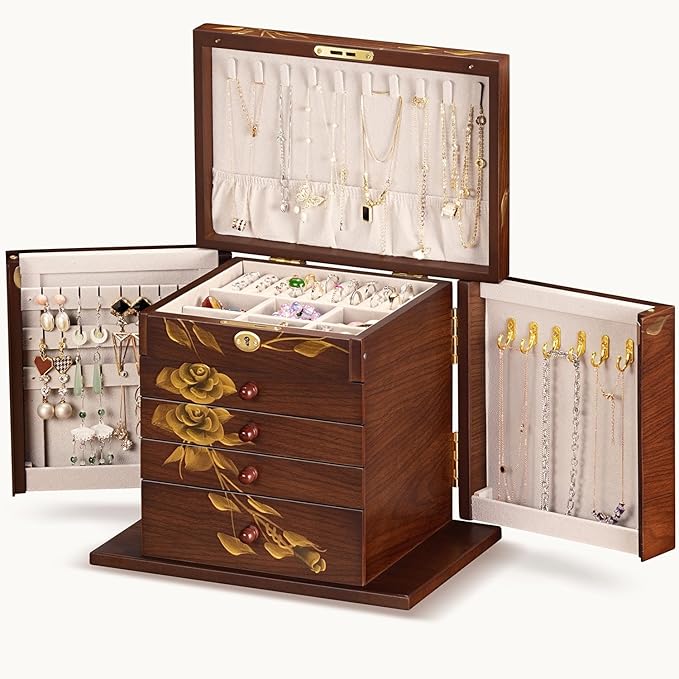 Hand-Painted rose Wooden Jewelry Boxes for Women - 8-Layer Large Lockable Jewelry Box with Compartments, Dresser Top Jewelry Organizer, Vintage Wooden Jewelry Storage
