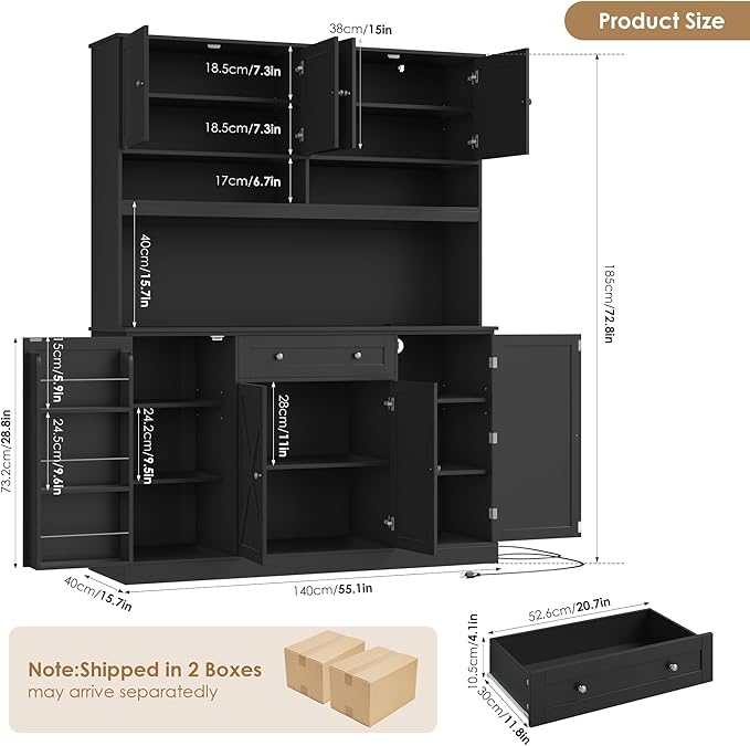 HIFIT 72.8” Tall Kitchen Pantry Cabinet with LED & Charging Station, 55” Wide Farmhouse Pantry Storage Cabinet with Microwave Stand&Shelves&Barn Doors, Black Kitchen Hutch Coffee Bar for Living Room