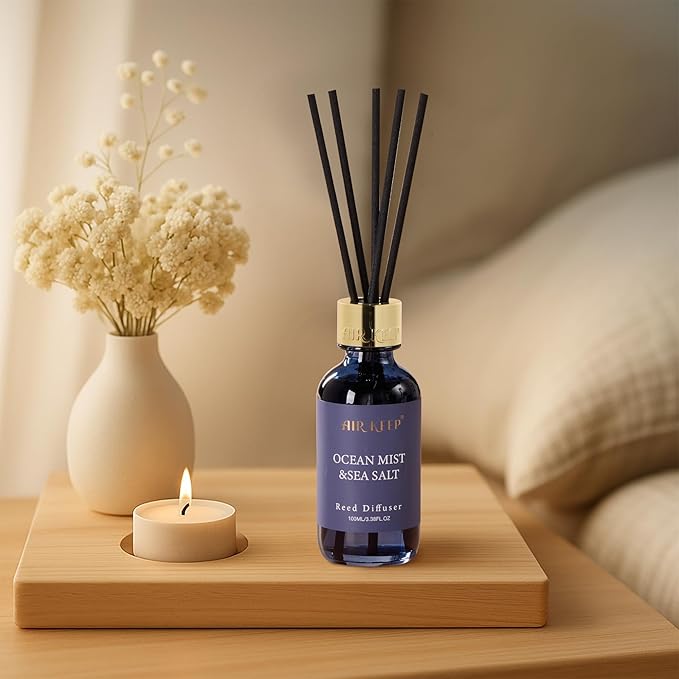Airkeep Reed Diffuser Set, 3.38 fl oz (100 ml) - Ocean Mist&Sea Salt Oil Diffusers with 8 Reed Sticks, Home Fragrance Reed Diffuser for Bathroom Shelf Decor