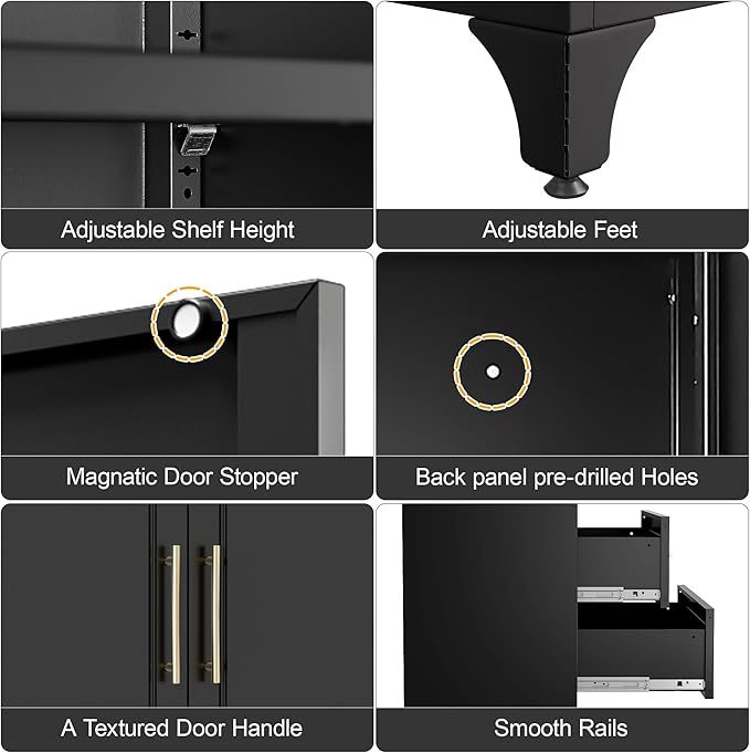 Metal Storage Cabinet with Doors and Shelves, 75" Tall Kitchen Pantry Storage Cabinets with 2 Drawer, Black Food Pantry, Home Office Cabinet, Large Cupboard for Kitchen, Dining, Living Room