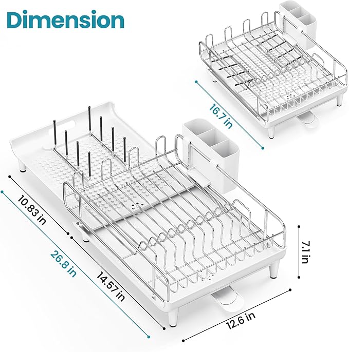 TOOLF Expandable Dish Rack, Dish Drying Rack for Kitchen Counter, Foldable Dish Dryer Rack, Stainless Steel Dish Drainer Racks with Cutlery Holder, Collapsible Dish Drying Racks Large Size, White