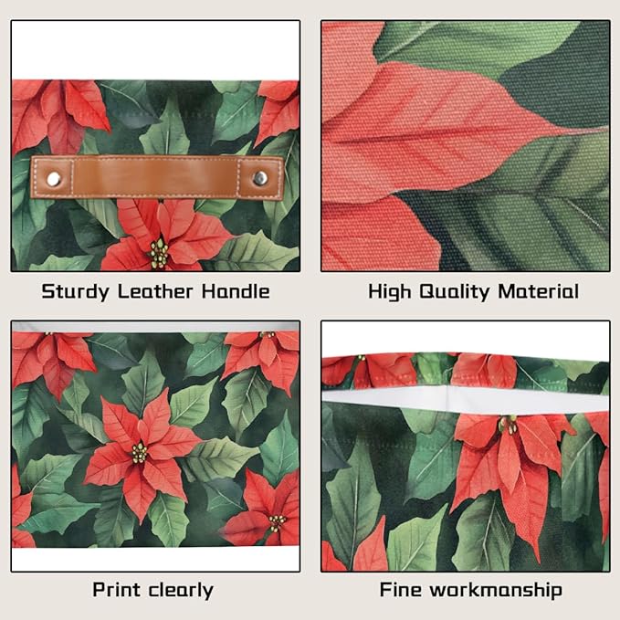 Storage Baskets Bin, Christmas Winter Poinsettia Collapsible Canvas Fabric Storage Bin Decorative Baskets Toy Organizer Rectangle Storage Boxes with Handles for Home Shelves Nursery, J-005