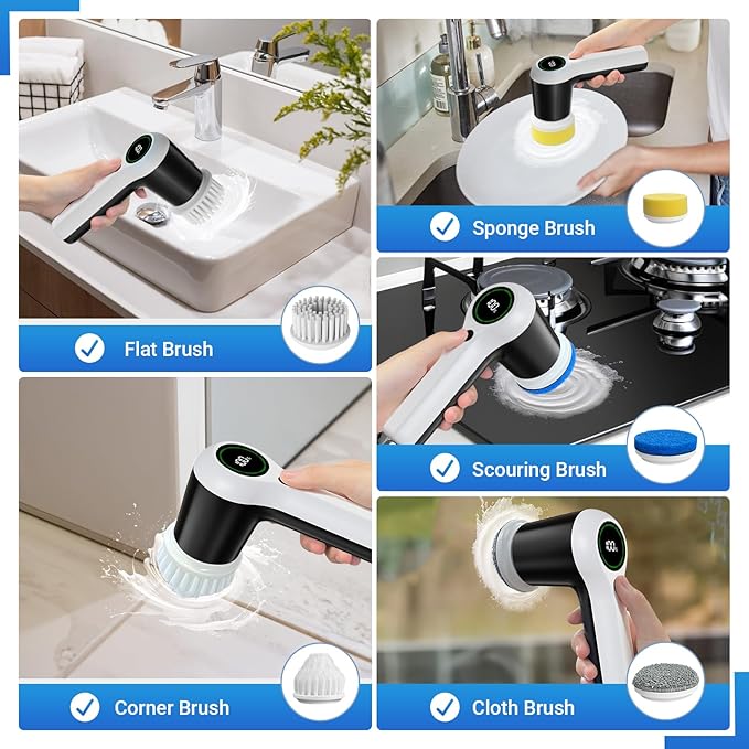 PUFTEM Electric Spin Scrubber, Cordless Shower Scrubber with Battery Level Display, 2 Speeds Electric Scrubber for Cleaning with 6 Replaceable Heads, Cleaning Brush for Bathroom/Sink/Window