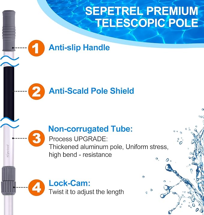 Sepetrel Pool Pole-Upgraded Professional 15 Foot Telescoping Swimming Pool Pole with Threaded Tips,Adjustable Telescopic Poles,for Skimmer Net,Brush,Vacuum Head