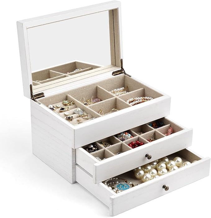 Meangood Jewelry Box Organizer for Women, 3 Layer Large Jewelry Storage Case, Rustic Wooden Jewelry Box with Mirror & Ring Tray for Necklace Earring Bracelets Rings, Vintage Style (White)