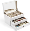 Meangood Jewelry Box Organizer for Women, 3 Layer Large Jewelry Storage Case, Rustic Wooden Jewelry Box with Mirror & Ring Tray for Necklace Earring Bracelets Rings, Vintage Style (White)