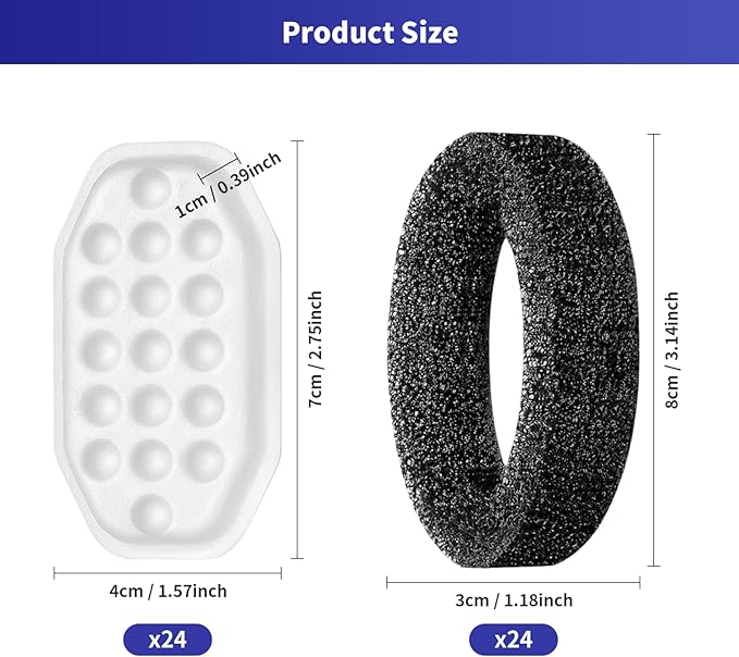 48 Pack Cat Water Fountain Replacement Filters & Pre-Filter Sponges, Includes 24 Filters & 24 Sponges for 108oz/3.2L Stainless Steel Pet Fountains – Compatible with Rellaty & Neareal