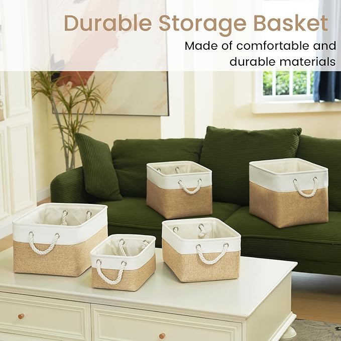 Storage Baskets for Shelves 11.8x7.9x5.2 Inch, Foldable Fabric Storage Bins with Handles, Small Storage Baskets for Organizing Closet, Office, Home Organization (3-Pack, White&Khaki)