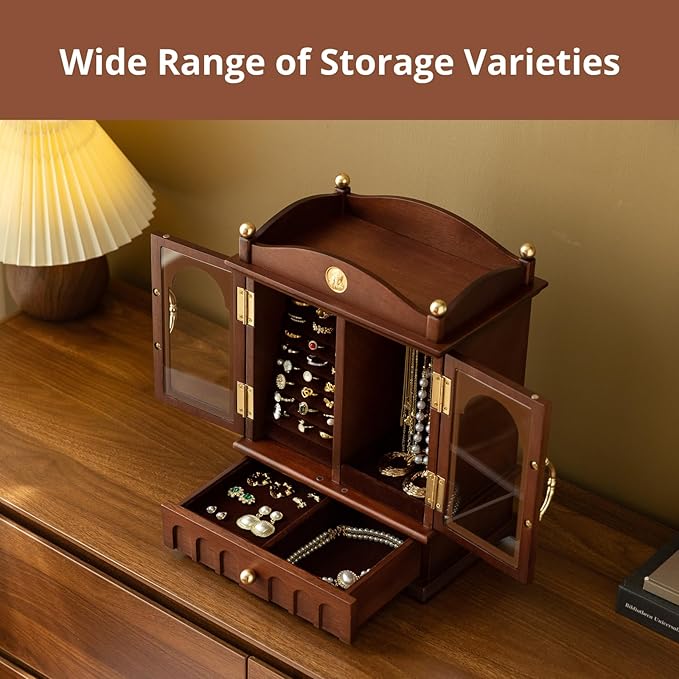 Kinsuite Black Walnut Jewelry Box, Solid Wood Display Cabinet with Rotating Hook & Glass Doors, Vintage Organizer for Rings, Necklaces, Watches Gift for Her