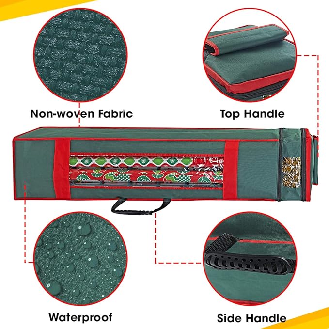 ProPik Christmas Wrapping Paper Storage Organizer Bag with Pocket and Handles Including Hanging Loop Heavy Duty Material with Clear Window 47 x 10 x 10 Inch Fits 40" Long Rolls (Green, 1 Count)