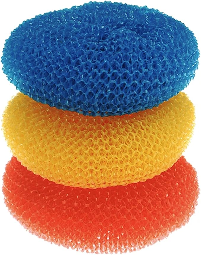 LOLA Plastic Mesh Scouring Pads - 3 Pack, 3.375" x 1.25", Non-Scratch Dish Scrubbers to Clean Dishes, Assorted Colors - Red, Blue & Yellow