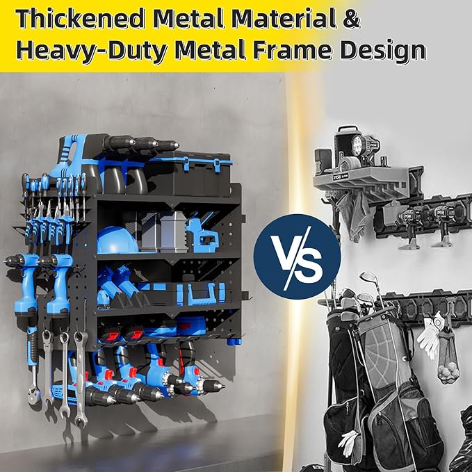 Power Tool Organizer Wall Mount with Charging Station, 4 Layers 6 Drill Holder, Heavy Duty Storage Utility Racks, Supports 600 lbs,Battery Shelf for Garage and Workbench (24 Inch 6 Drills Holder)