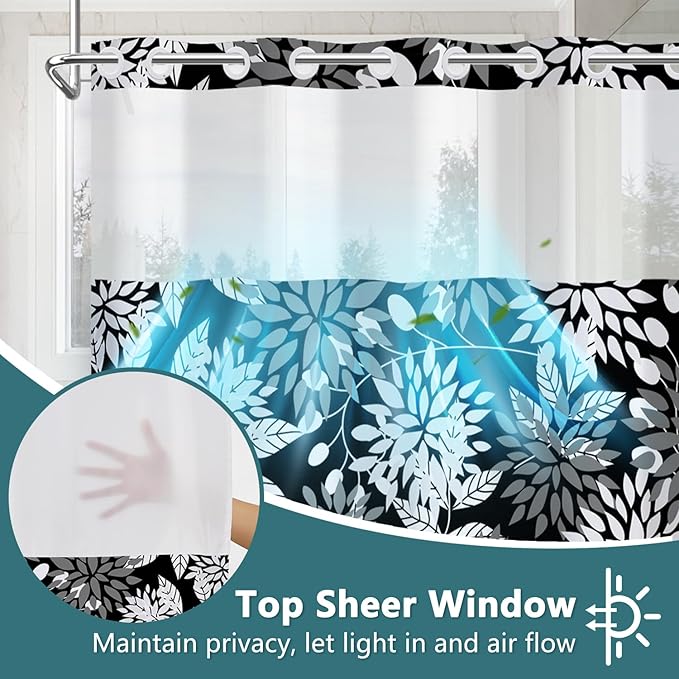 TQUQOBU Black and White Leaves No Hook Shower Curtain and Liner Set, Hotel Luxury Double Layers Waterproof Fabric Shower Curtain, Modern Vintage Boho Botanical Bathroom Curtains, 71x74 Inch