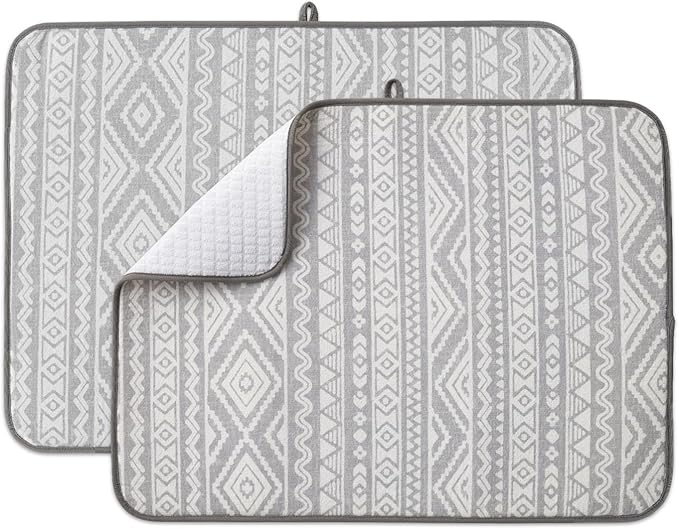 FRESHMINT Printed Dish Drying Mats for Kitchen Counter 2 Pack Absorbent Reversible Drying Mats Microfiber Kitchen Countertop Protector Dishes Drying Pad Extra Large 18"x24" Dish Mat