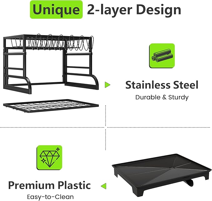 HomeCurated 2-Tier Foldable Dish Drying Rack with Drainboard, Stainless Steel Large Capacity Kitchen Counter Organizer with Cup Holder, Utensil & Cutting Board Storage, No Assembly Required, Black