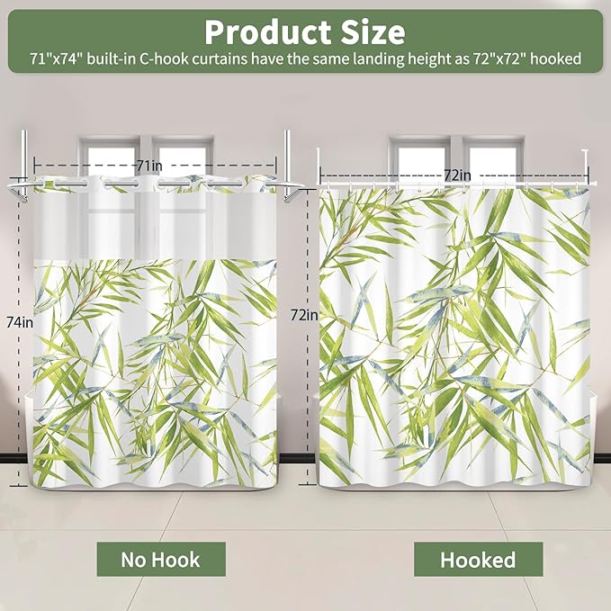 Grass Green Bamboo Leaves Shower Curtain and Liner Set, Waterproof Washable Fabric No Hook Shower Curtain, Modern Nature Botanical Aesthetic Bathroom Curtains with Top Sheer Window, 71x74 Inch