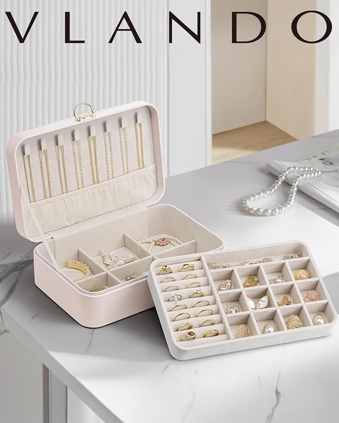 Vlando 2-Layer Jewelry Box,Valentines Day Gifts for Her Jewelry Organizer for Women Removable Jewelry Tray for Earrings Necklace,Gift Ideas,Birthday Graduation Gifts Apricot Pink