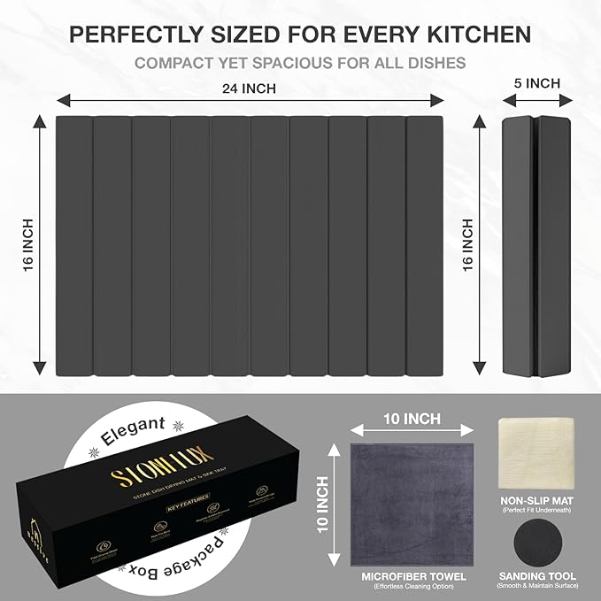 Large Stone Dish Drying Mat for Kitchen Counter, 24"x16", Fast Drying Collapsible, Diatomaceous Earth Mat, Super Absorbent Folding Mat for Dishes, Bottles, Glass, Heat-Resistant, Non-Slip (Dark Gray)