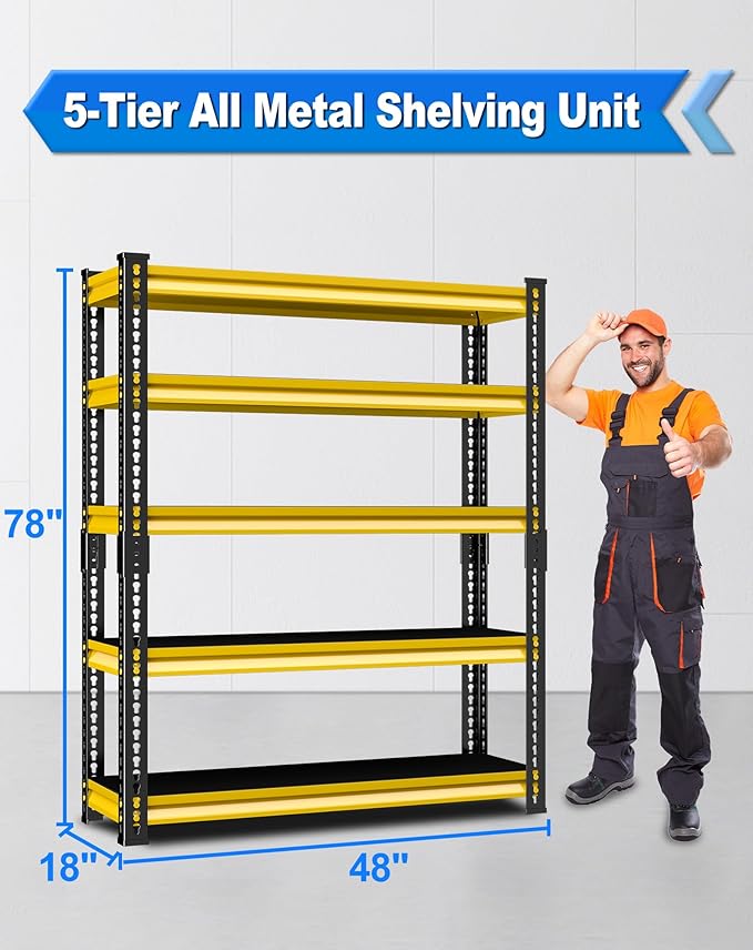 SDXYSTCE 48" W Garage Storage Shelves Heavy Duty, 2800LBS Loads Adjustable Garage Shelving, 5-Tier Metal Shelving Units and Storage Racks, Industrial Utility Shelf,48''Wx18''Dx78''H, Yellow