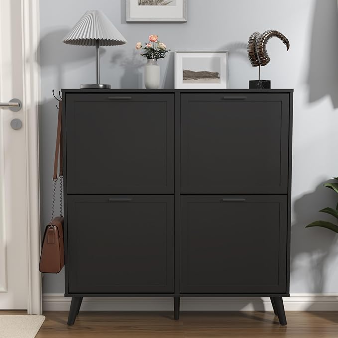 Black Large Shoe Cabinet fit up to Shoe Size 16, Freestanding Shoe Organizer with 4 Flip Drawers, Narrow Wooden Shoe Rack for Entryway, Closet, Living Room