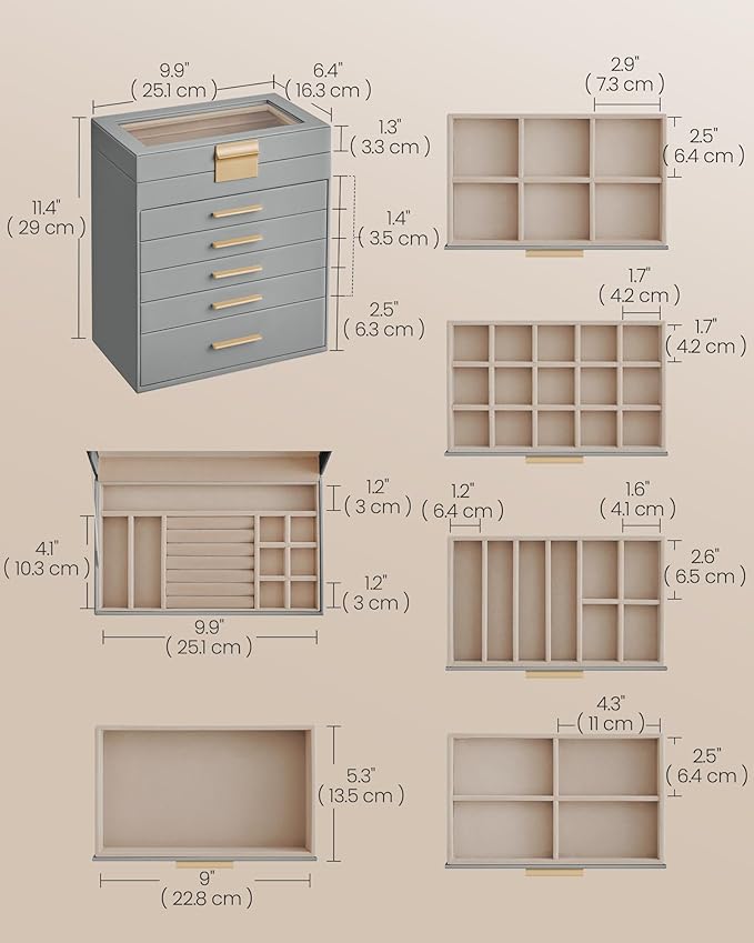 SONGMICS Jewelry Box Organizer with Glass Lid, 6-Layer Jewelry Storage, with 5 Drawers, Modern Style, 6.4 x 9.9 x 11.4 Inches, Dove Gray and Gold Color UJBC171G01