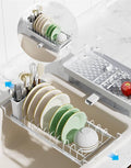 Nacial 2-in-1 Small Dish Drying Rack Fits 14''–21.8'' Sink, Dish Drainers for Kitchen Counter Extend Kitchen Sink Drain Basket with Utensil Holder & Auto-Drain Tray, Stainless Steel Plate Rack, White