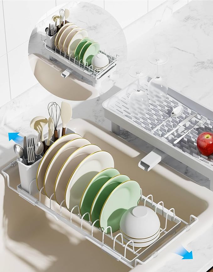 Nacial 2-in-1 Small Dish Drying Rack Fits 14''–21.8'' Sink, Dish Drainers for Kitchen Counter Extend Kitchen Sink Drain Basket with Utensil Holder & Auto-Drain Tray, Stainless Steel Plate Rack, White