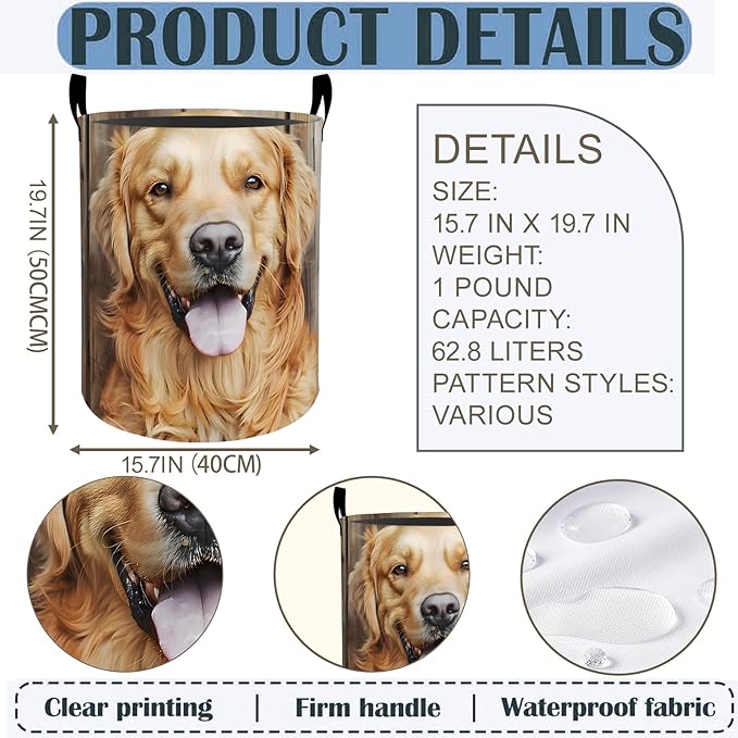 Golden Retriever Laundry Basket Hamper 19.7"x15.8", Cute Dog Foldable Waterproof Oxford Clothes Storage Bucket for Room Bathroom Bedroom Nursery Decor, Toy Organizer Bins Gifts for Kids Boys Girls