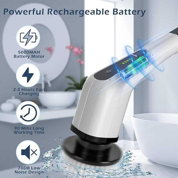 Bomves Electric Spin Scrubber, Cordless Cleaning Brush Scrubber for Home, 8 Replaceable Brush Heads-90Mins Work Time, 3 Adjustable Size, 2 Speeds for Bathroom Shower Bathtub Glass Car