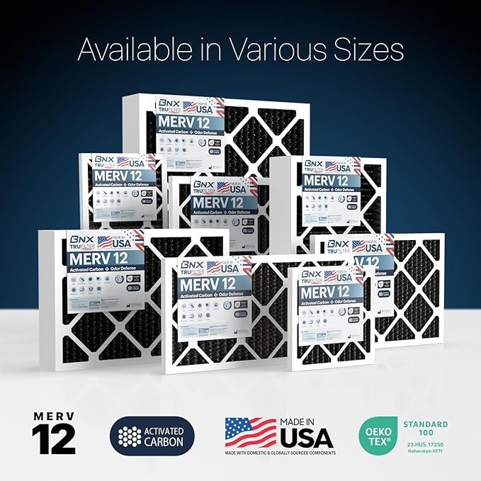 BNX TruFilter 14x30x1 MERV 12 Odor Defense (2-Pack) AC Furnace Air Filter with Activated Carbon - MADE IN USA - Pleated Air Conditioner HVAC AC Furnace Filters - Removes Odor, Mold, Bacteria, Smoke