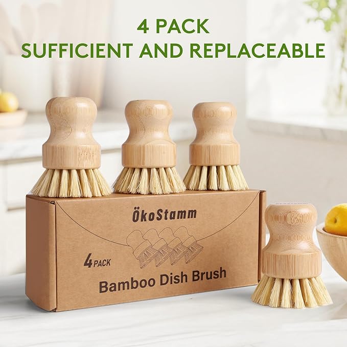 ÖkoStamm 4 Pack Bamboo Dish Brush, Natural Dish Scrubber with Sisal Bristle, Scrub Brush for Kitchen Cleaning Dishes, Pots, Pans, Bottles, Vegetables