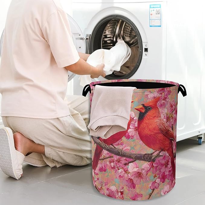 Red Cardinal Laundry Hamper,Cherry Blossoms Dirty Clothes Laundry Basket with Handles Waterproof Oxford Cloth Storage Basket for College Dorms Bathroom Bedroom 16" x 20.8"