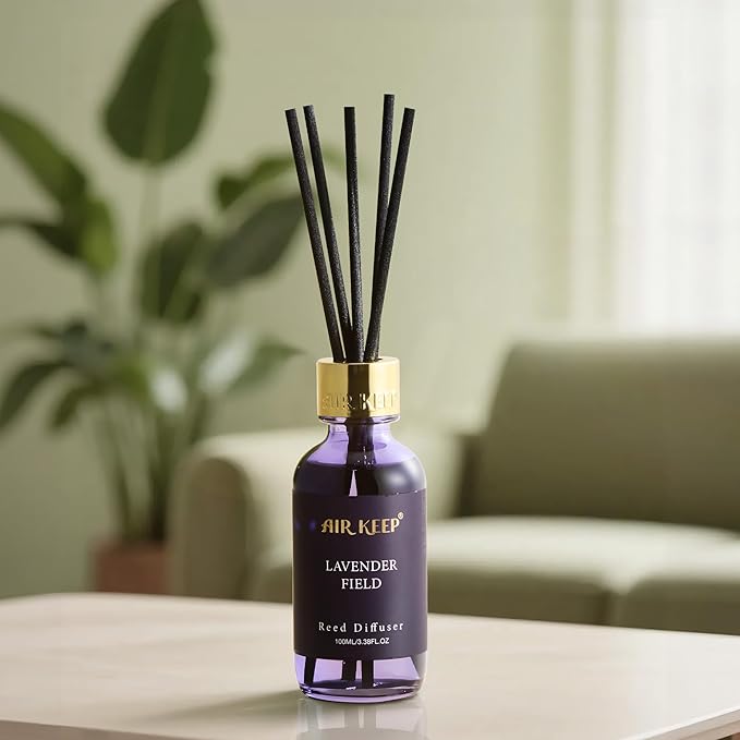 Airkeep Reed Diffuser Set, 3.38 fl oz (100 ml) - Lavender Field Oil Diffusers with 8 Reed Sticks, Home Fragrance Reed Diffuser for Bathroom Shelf Decor